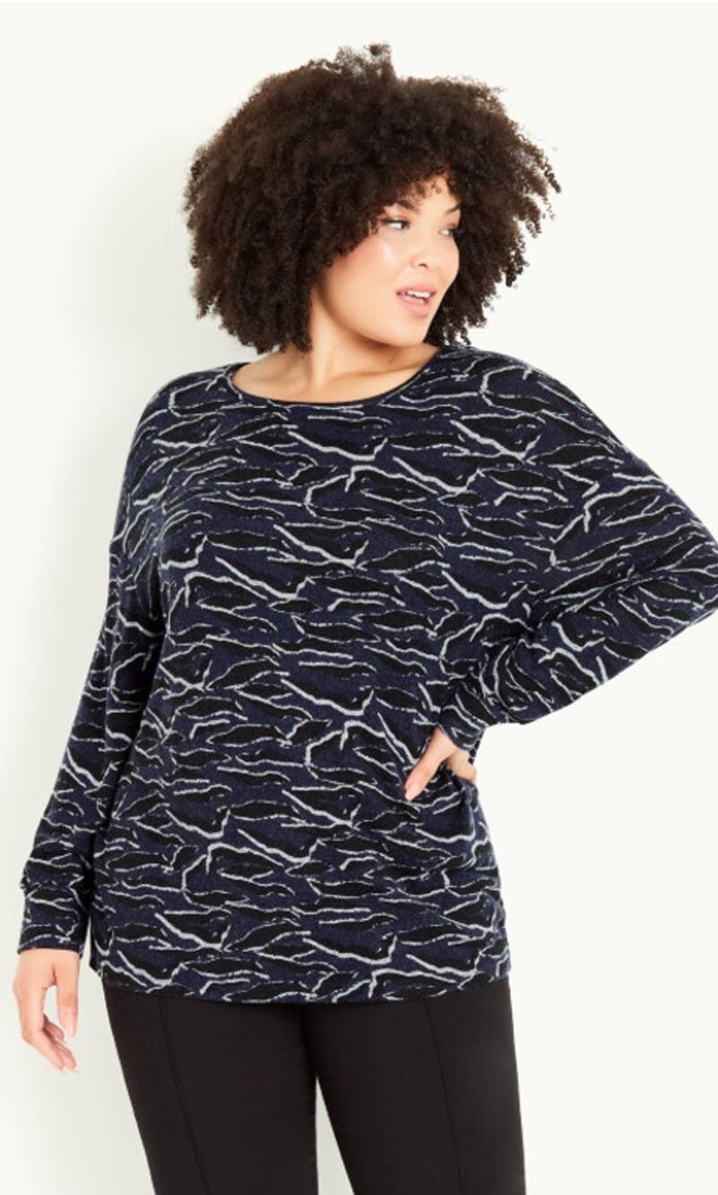 Evans Women's Navy/Black Zebra Print Long Sleeve Plus Knit Top | Size 26/28 NWT